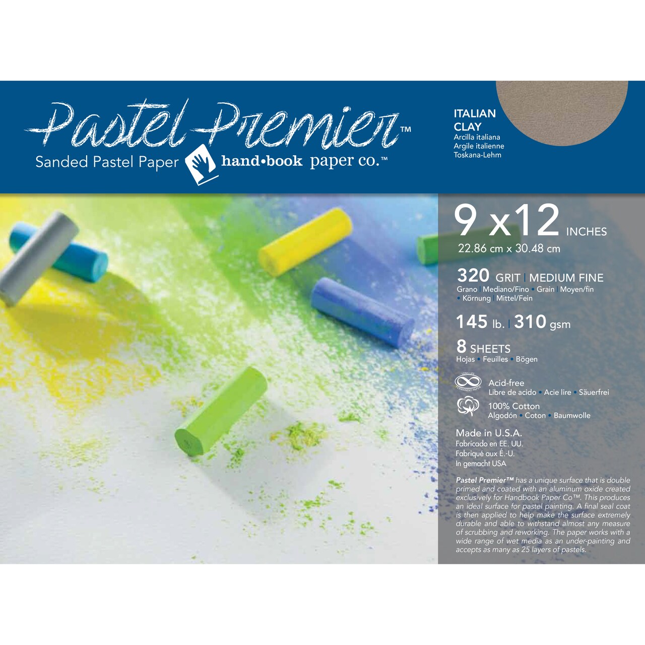 Global Art Pastel Premier Sanded Paper, 320 Grit, Italian Clay, 9" X 12", 8 Sheets/Pkg.
